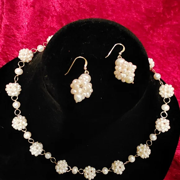 STERLING Faux Pearl Cluster Necklace and Drop Earrings Set - White